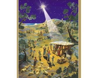 Nativity Star over Stable Richard Sellmer Verlag Traditional German Advent Calendar Card 105 x 155 mm with Env and 24 little doors to open