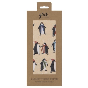 May include: A pack of 4 large sheets of luxury tissue paper featuring a penguin design. The tissue paper is beige with a pattern of penguins wearing hats and scarves. The pack is brown with the text "glick" and "LUXURY TISSUE PAPER" printed on it. The pack also includes the text "4 LARGE SHEETS 50x75cm".