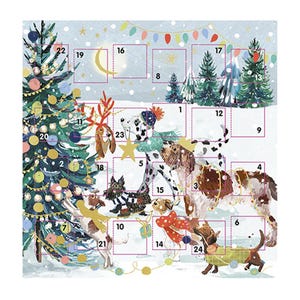 Kersttijd honden en bomen adventskalender, witte envelop 159 x 159 mm