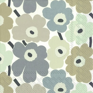May include: A white background with a repeating pattern of stylized flowers in shades of brown, grey, and blue.