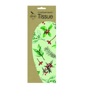 Può includere: Un pacchetto di carta velina contemporanea verde e rossa con un motivo floreale. Il pacchetto è etichettato "deva Contemporary Tissue".