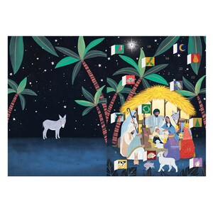 Away in a Manger kerststal adventskalenderkaart met envelop 170 x 120 mm Roger la Borde 24 kleine deurtjes om te openen