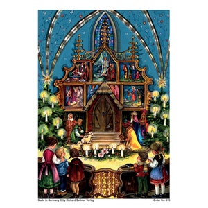 Peut inclure: Un calendrier de l'avent de Noël vintage avec une illustration détaillée d'une église avec une fenêtre en vitrail. L'église est décorée de bougies et d'une étoile au sommet. Des enfants se tiennent devant l'église, regardant la scène. Le texte "Made in Germany © by Richard Sellmer Verlag" et "Order No. 815" est imprimé en bas de l'image.