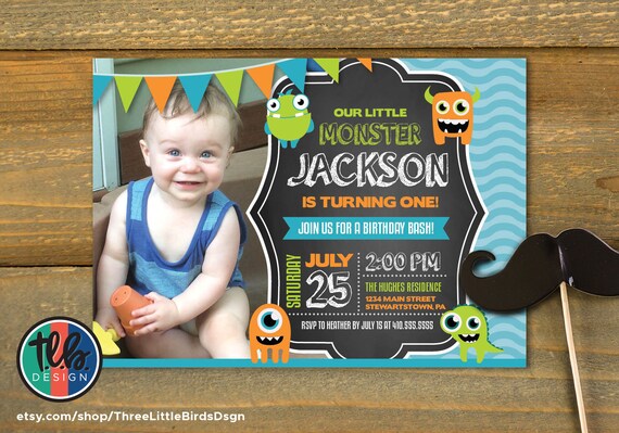 monster birthday invite, boy first birthday invitation, monster bash 1st birthday printable invitation, chalkboard lime green blue orange Il_570xn