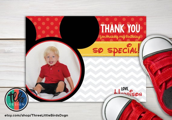 Mickey Mouse thank you card with photo, 2nd birthday oh toodles TWOdles printable card, polka dot and chevron personalized Il_570xn