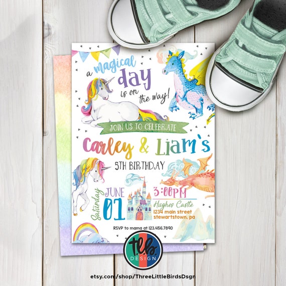 unicorns and dragons birthday invitation boy girl twins birthday invite siblings joint birthday party magical birthday joint invite Il_570xn