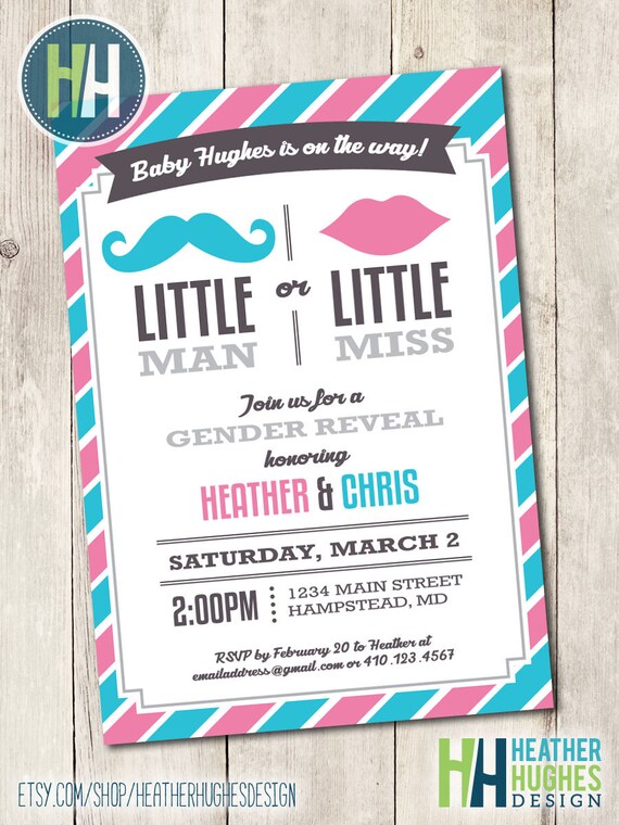 gender reveal invite, printable gender reveal invitation, little man or little miss boy or girl mustache and lips stripes pink blue gray Il_570xn