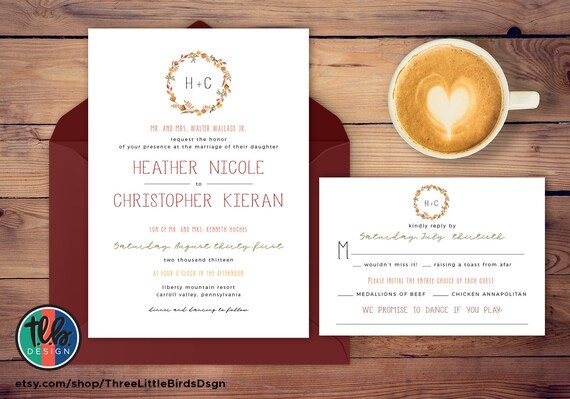 Fall Farmhouse Wedding Invitation Simple Autumn Wreath Wedding