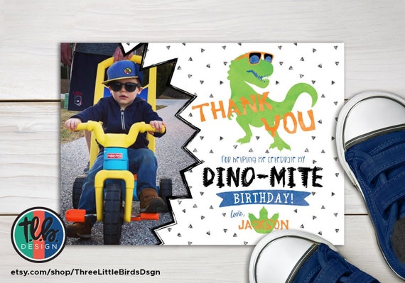 dinosaur birthday thank you card with photo 1st birthday thank you card dinosaur first birthday t-rex birthday Il_570xn