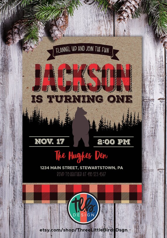 lumberjack first birthday invitation boy 1st birthday buffalo plaid birthday invitation bear themed 1st birthday wilderness themed birthday Il_570xn