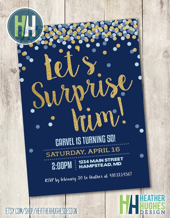 surprise 50th birthday invitation, gold confetti birthday invite navy and gold, personalized printable invitation Il_570xn