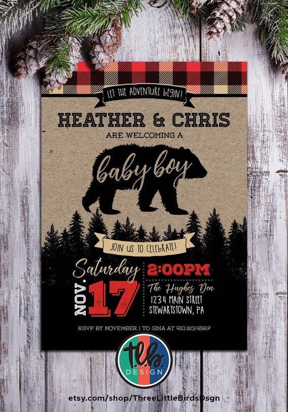 bear baby shower invitation, lumberjack baby bear shower invite, let the adventure begin buffalo plaid our little bear baby shower Il_570xn