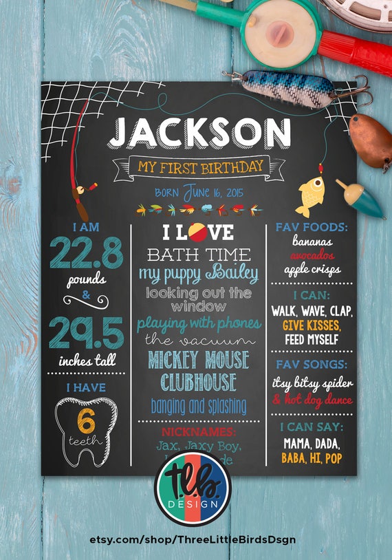 digital big ONE Birthday Chalkboard Poster 1st Birthday Milestone Sign fishing  theme birthday boy first birthday 1st birthday by Three Little Birds Design