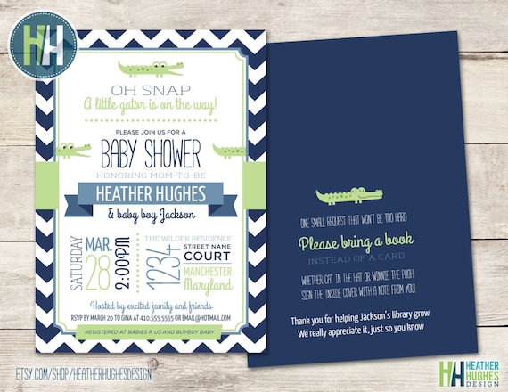 printable boy baby shower invitation, alligator baby shower invite chevron customize personalize blue green navy Three Little Birds Design Il_570xn