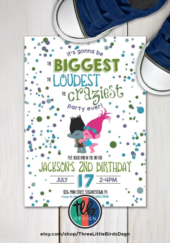 Branch themed Trolls birthday invite, Trolls inspired birthday invitation, boy birthday invite biggest loudest the craziest party ever Il_570xn