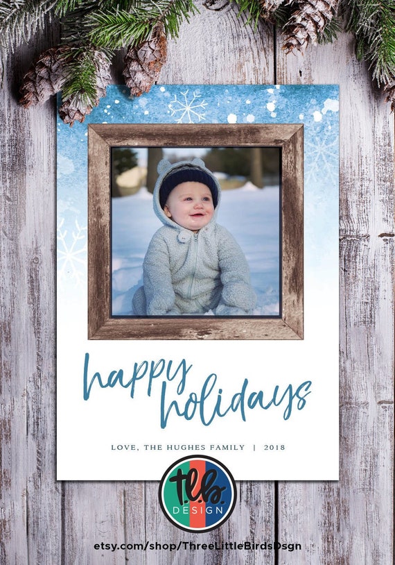 snowflake rustic Christmas card with photo printable family photo rustic wood design happy holidays merry christmas blue christmas card Il_570xn