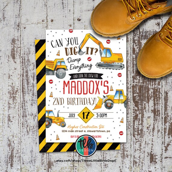 Digger Birthday invitation Construction Birthday Invite Yellow Dump Truck birthday Invite can you dig it Construction Invite first birthday Il_570xn
