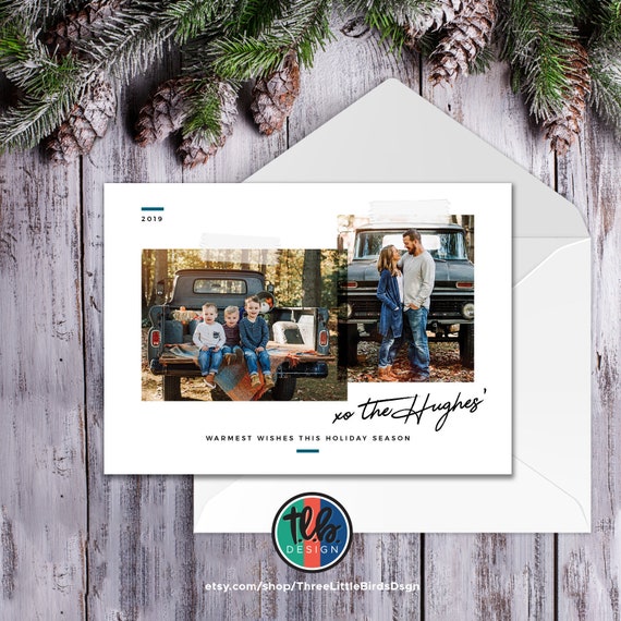 family photo Christmas card simple design with taped photos warmest wishes this holiday season two photo card Il_570xn