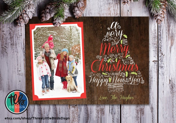 Christmas card printable rustic family holiday card with personalized photo red green and white wood design christmas tree typography Il_570xn