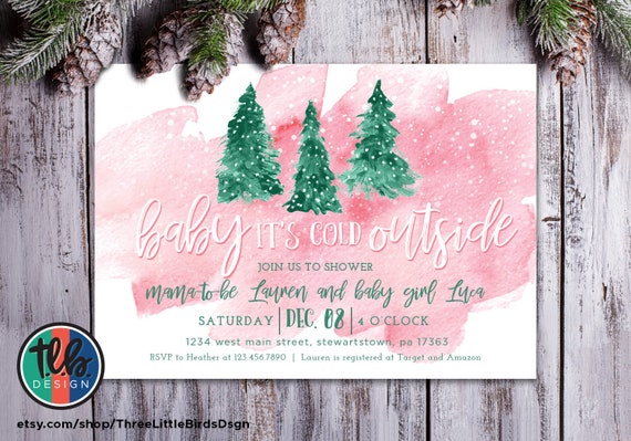 baby it's cold outside baby shower invitation baby girl winter baby shower invite cottage chic pink watercolor evergreen trees holiday Il_570xn