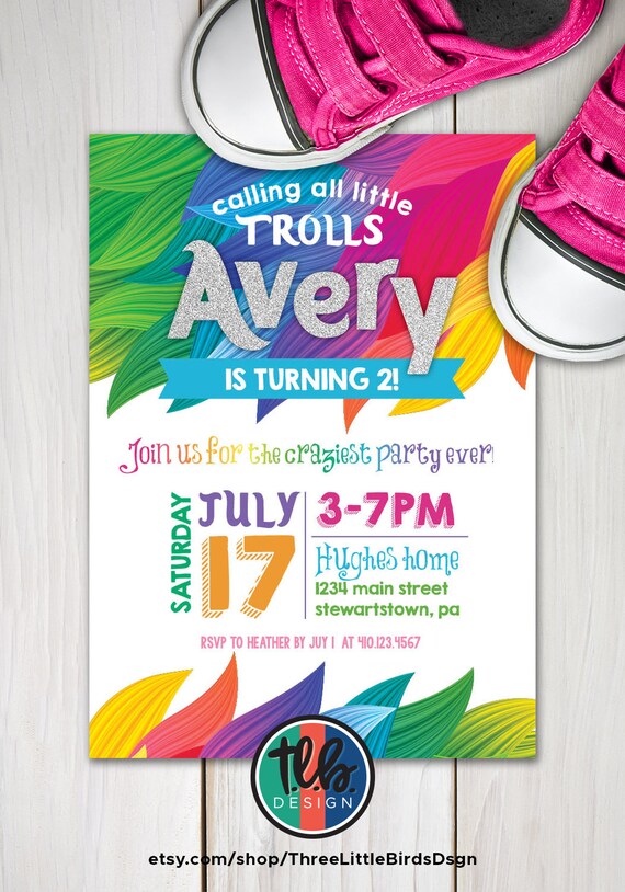 trolls birthday invitation trolls invite trolls invitation trolls party trolls inspired biggest loudest rainbow pattern silver glitter Il_570xn