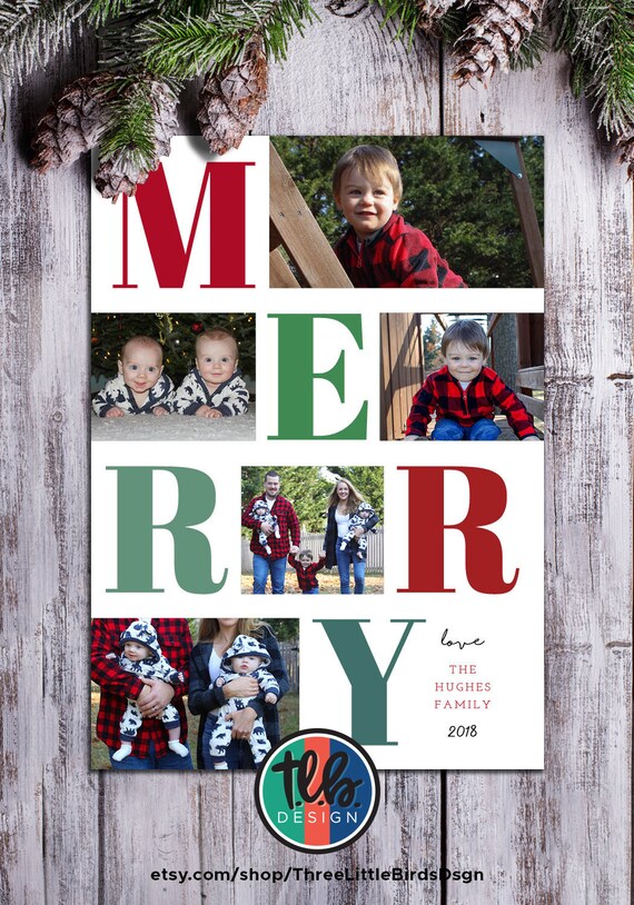 digital Merry Christmas family photo card family holiday card with 5 photos simple chic Merry watercolor holly red and green Il_570xn