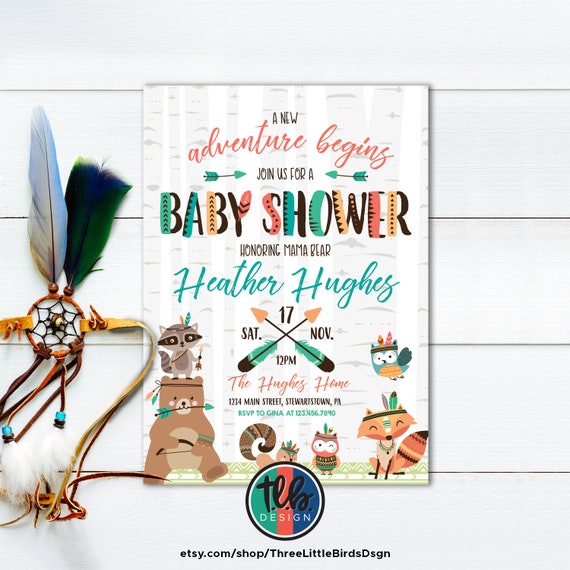 woodland animal baby shower invitation, tribal woodland invite, tribal baby shower with cute woodland animals, bear fox baby shower Il_570xn