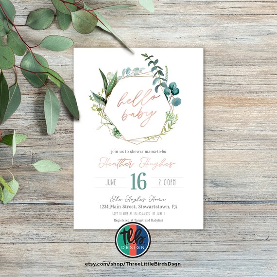 boho baby shower invite gender neutral shower invitation boho chic theme baby shower rose gold shower greenery with eucalyptus invite Il_570xn