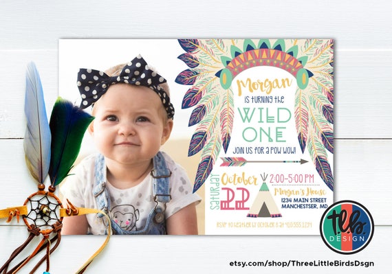 tribal birthday invite, wild one first birthday invitation, girl 1st birthday teepee, boho, native american headdress and feathers Il_570xn
