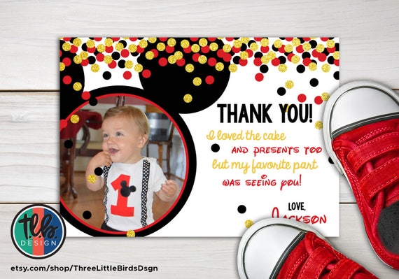 digital Mickey Mouse first birthday thank you card with photo gold glitter confetti red and black card put on your ears Il_570xn