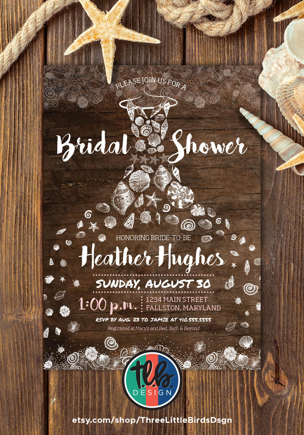 Rustic beach bridal shower invite printable invitation Etsy