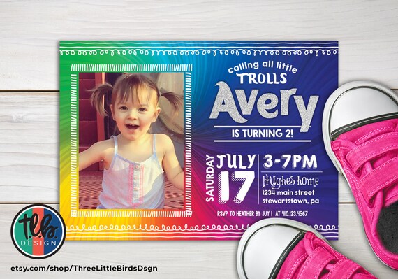 trolls birthday invite with photo trolls invitation trolls party trolls inspired birthday invitation with rainbow pattern silver glitter Il_570xn