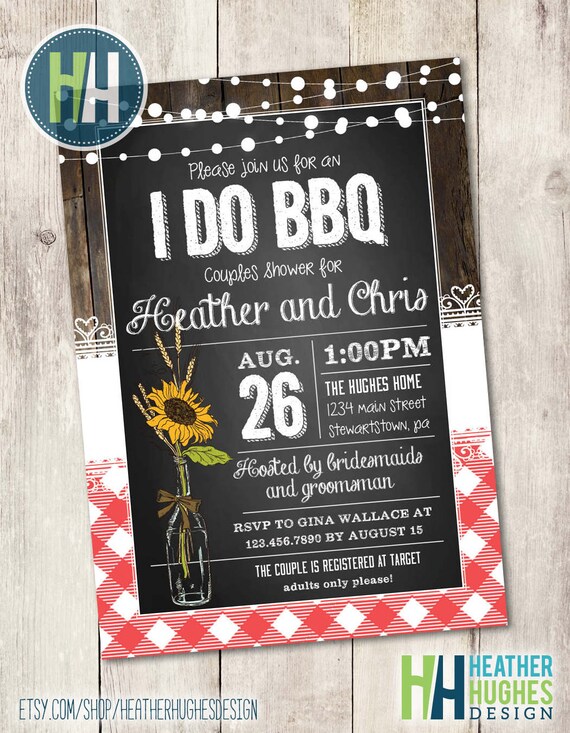 digital I Do BBQ couples shower invite bridal shower invitation rustic couples shower sunflowers lace and hanging lights on chalkboard Il_570xn