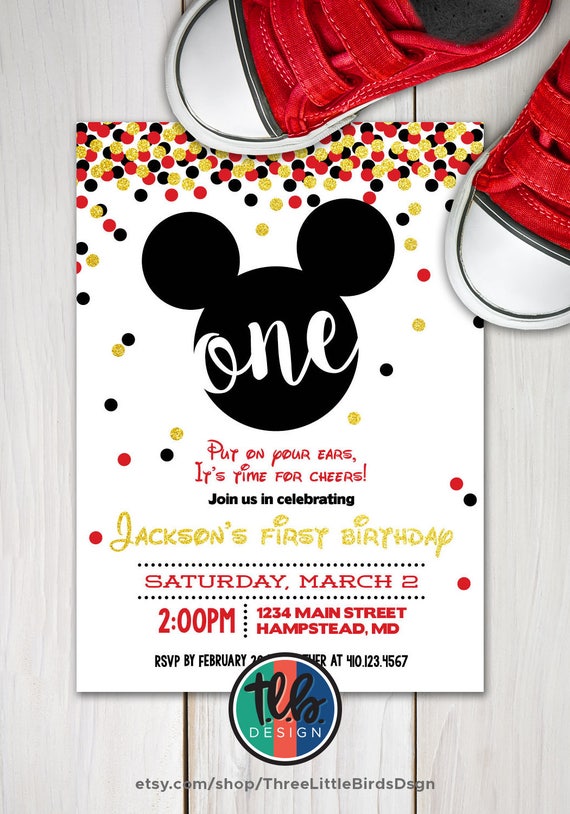 Mickey Mouse First Birthday Invite Boy 1st Birthday Gold Etsy