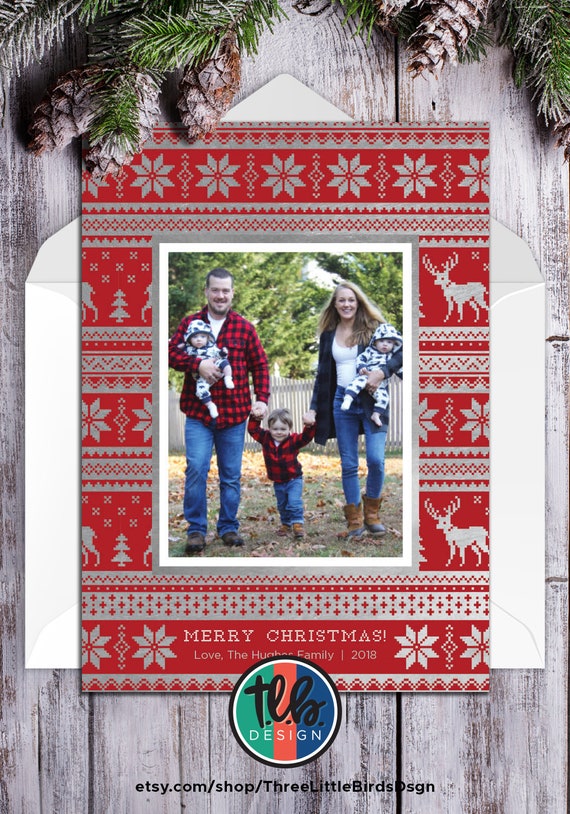 digital Fair isle Family Photo Christmas card Merry Christmas holiday card red and silver Christmas card with photo we wish you a merry Il_570xn