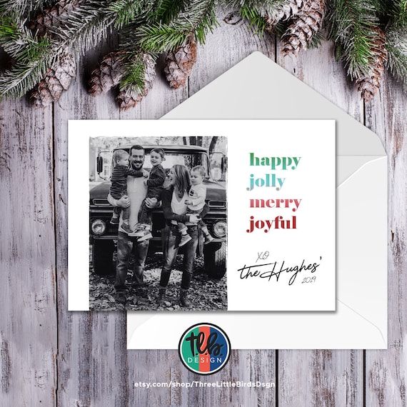happy jolly merry joyful photo Christmas card simple design with one photo colorful Christmas card family Christmas card Il_570xn