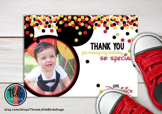 digital Mickey Mouse first birthday thank you card with photo gold glitter confetti red and black card put on your ears Il_570xn