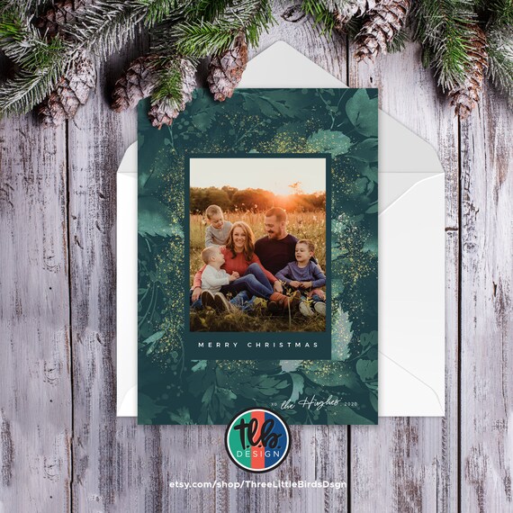 digital family Christmas card Elegant single photo Christmas card simple design with green and gold holiday card Il_570xn