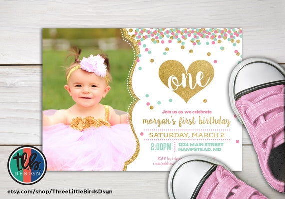 girl first birthday invite, 1st birthday printable invitation, mint pink and gold glitter confetti heart photo invite customize personalize Il_570xn