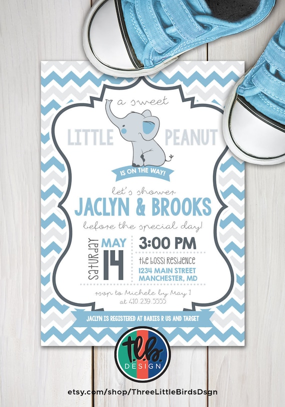 digital elephant baby boy shower invite little peanut baby shower