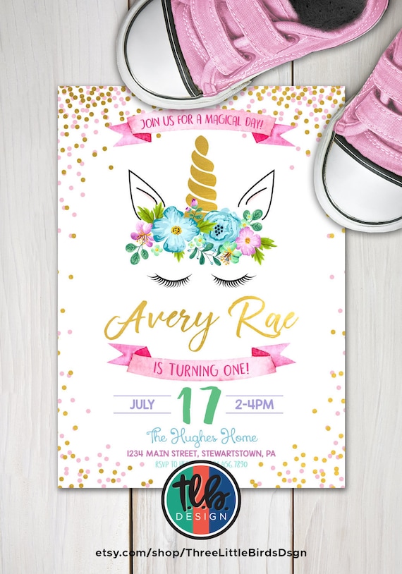 unicorn first birthday invite, gold confetti 1st birthday printable invitation, watercolor flowers and gold confetti, pastel invitation Il_570xn