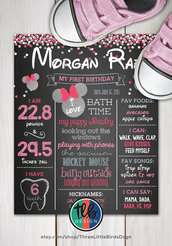 digital Minnie Mouse First Birthday Chalkboard Poster 1st Birthday Milestone Sign silver glitter confetti customized by Heather Hughes Il_570xn