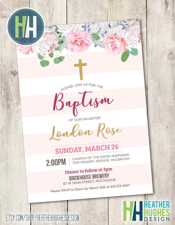girl baptism invite, christening invitation for little girl, printable invitation, pink stripes and gold glitter with flowers, personalized Il_570xn