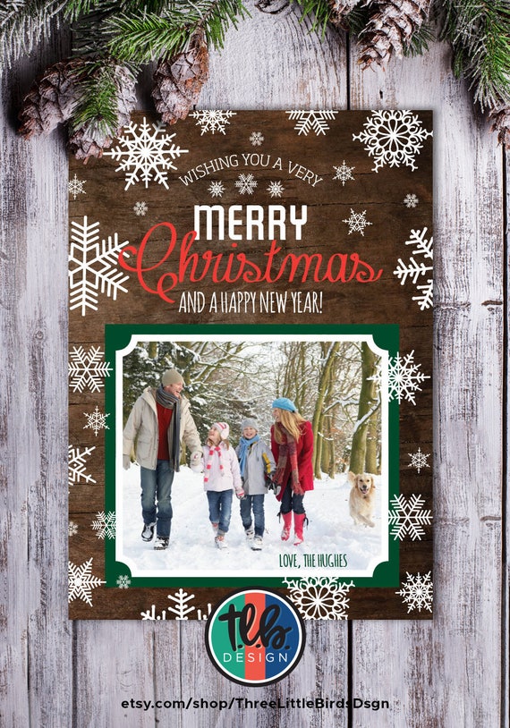 digital Rustic Christmas card family holiday card with personalized photo snowflakes and wood design Merry Christmas and Happy New Year Il_570xn