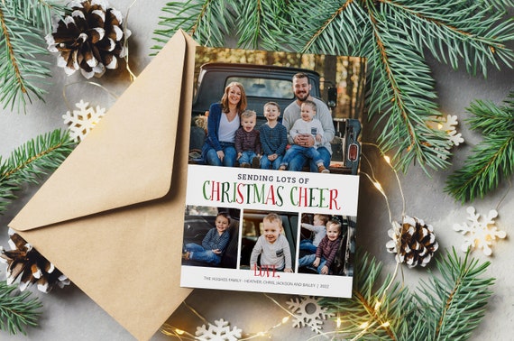 digital family photo Christmas card with 4 photos sending Christmas cheer family holiday card with photos simple and playful Il_570xn