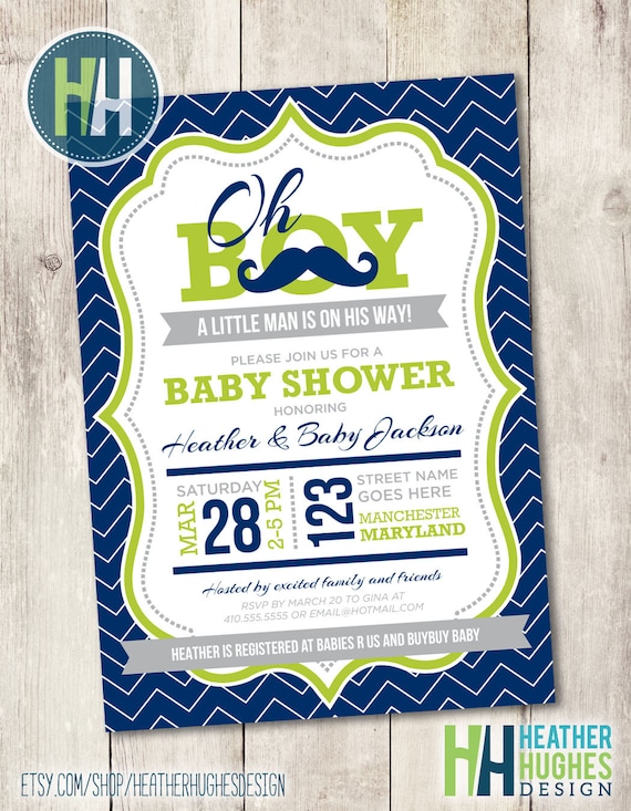 printable baby shower invitation, baby boy shower invite oh boy navy lime green and gray little man mustache chevron customize personalize Il_570xn
