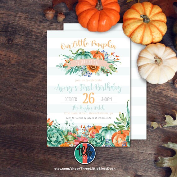 girl floral Little Pumpkin First Birthday Invitation Pumpkin Invite Girl Pumpkin Birthday Girl First Birthday mint peach orange cream Il_570xn