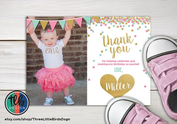 girl first birthday thank you card with photo, 1st birthday printable card, mint pink and gold glitter confetti heart thank you Il_570xn