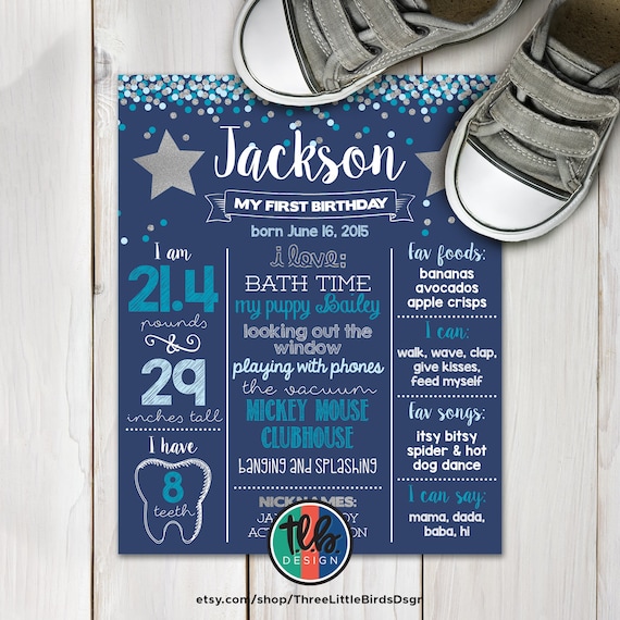 digital boy first birthday milestone Poster 1st Birthday Milestone Sign star first birthday silver glitter boy milestone poster Il_570xn