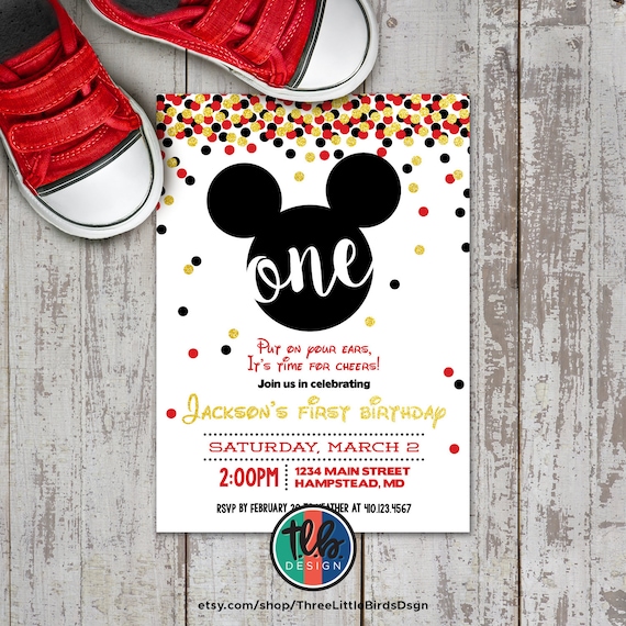 mickey mouse first birthday invite, boy 1st birthday gold glitter confetti printable invitation, put on your ears customize personalize Il_570xn